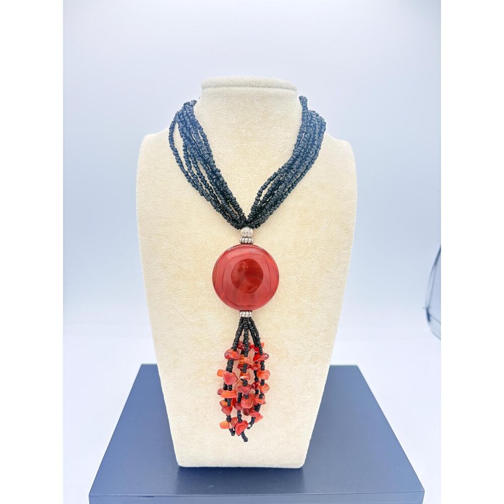 Vintage Carnelian Gemstone & Black Agate Necklace with Tassel Drop